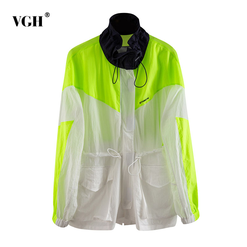 

VGH Casual Embroidery Coats Female Turtleneck Lantern Long Sleeve Tunic Patchwork Hit Color Loose Bandage Women Jackets Clothing, As picture