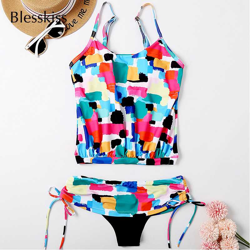 

Blesskiss Printed Floral Tankini Swimsuit Women Swimwear 2019 2 Two Piece Set Padded Beach Swimming Suit For Women Bathing Suit, Red