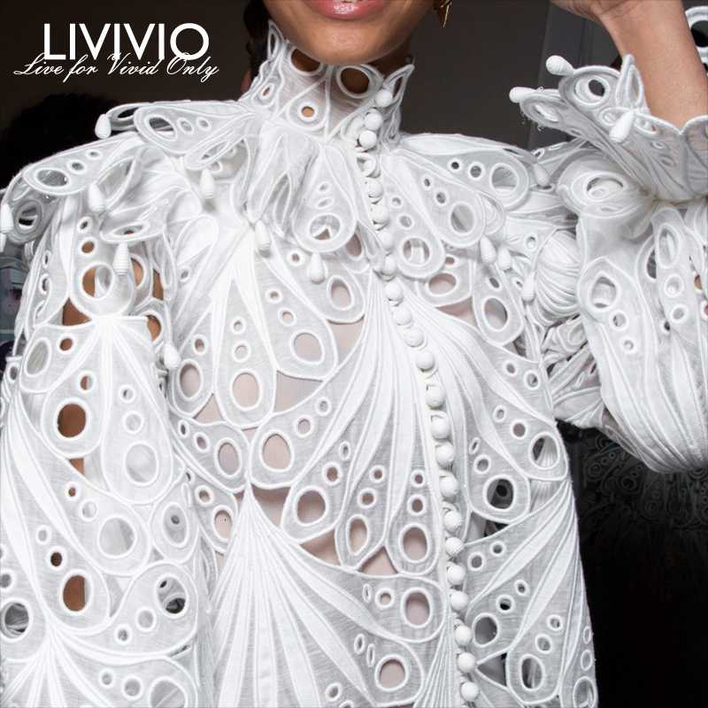 

[LIVIVIO] Vintage Hollow Out Lace Ruffled Shirts Female Stand Neck Flare Long Sleeve Irregular Blouse Women Fashion Clothing New, Black