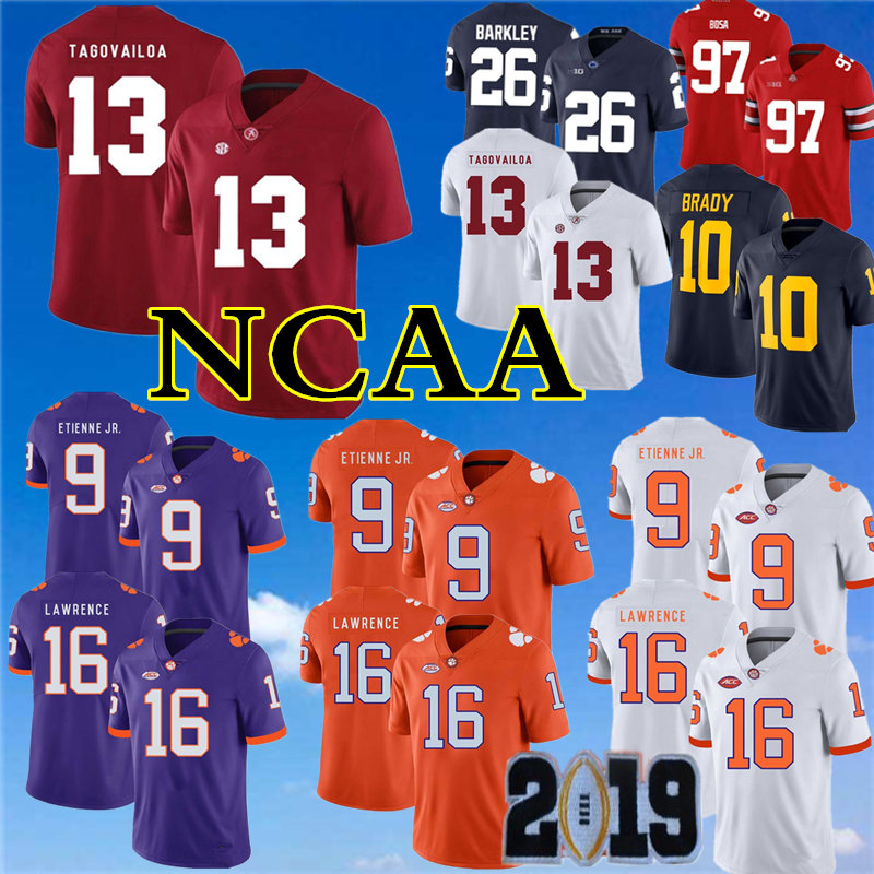 

2019 NCAA Clemson Tigers 16 Trevor Lawrence Jersey 9 Travis Etienne Jr. Alabama Crimson Tide 13 Tua Tagovailoa College Championship Patch, Dark blue
