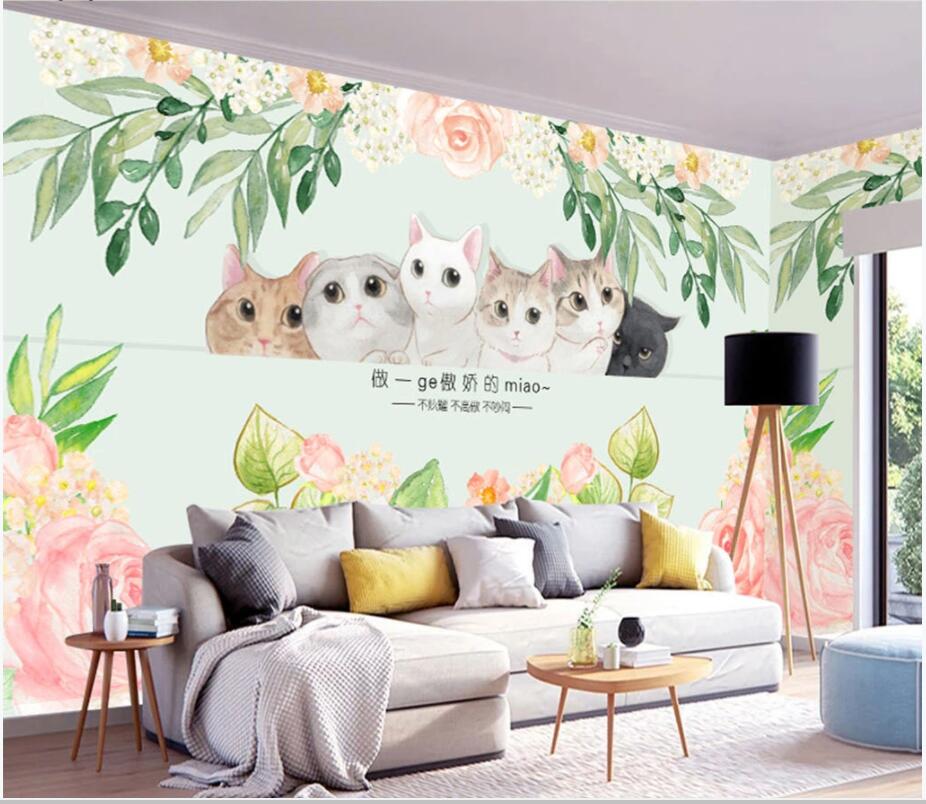 

3d wall murals wallpaper for walls 3 d Hand-painted simple cat flower children's room background 3d wallpaer custom photo mural home decor, Non-woven wallpaper