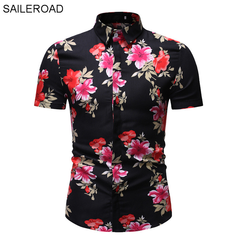 

SAILEROAD 2019 Fashion Flower Shirt Men Print Shirts Hawaiian Slim Fit Camisa Floral Masculina Summer Short Sleeve Shirts Tops, Hz14