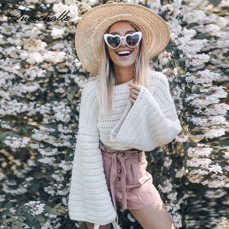 

2019 Autumn Winter Hollow Out Loose Pullovers Women Drop-shoulder Flare Sleeve Casual Pullover Sweater Female Tops White Blue