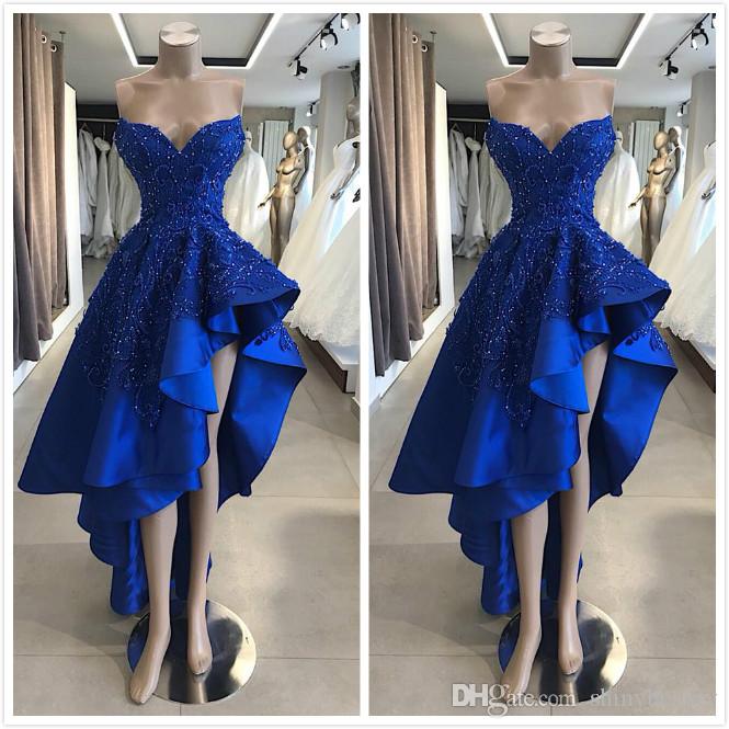 

Arabic Royal Blue 2019 Evening Dresses Lace Beaded A-line Satin Prom Dresses High Low Stylish Formal Party Dress Pageant Gowns, Light sky blue
