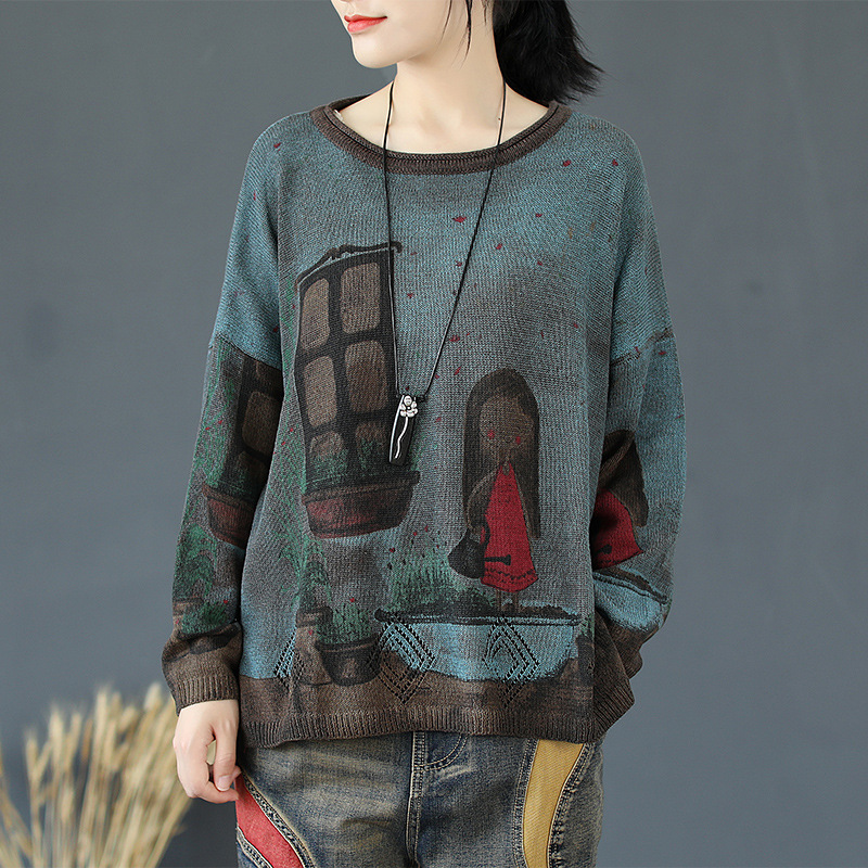 

Women Sweater Autumn Knitting Large size Loose Pullovers 2020 New Ladies Retro Tops O-Neck Long-sleeved Character Casual Sweater, Beige