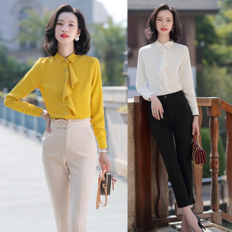 

Fashion Women Blouses & Shirts Yellow Office Ladies 2 Piece Pant and Tops Sets Pantsuits Styles Long Sleeve, Blouse only