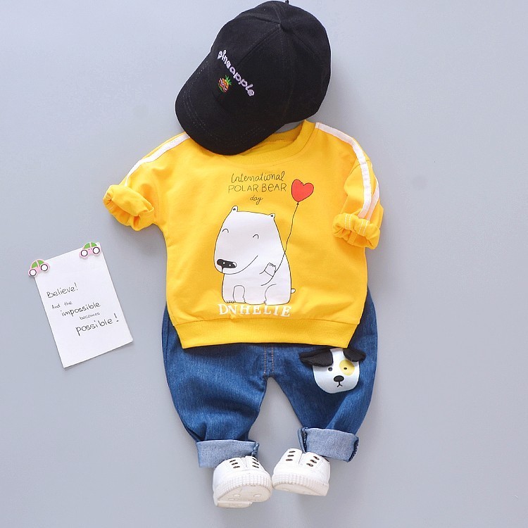 

2020 New Spring Baby Girls Boys Out Clothes Suits Children Cotton Cartoon Dog T Shirt Jeans 2Pcs/Sets Casual Infant Kids Costume, Bo aixingou f grey