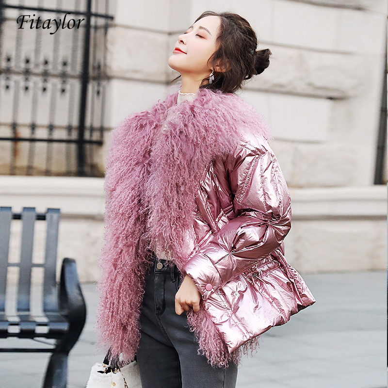 

Fitaylor Women' Winter Silver White Duck Down Jacket Glossy 2019 Big Real Fur Collar Pink Blue Warm Parkas Female Short Coats, Black