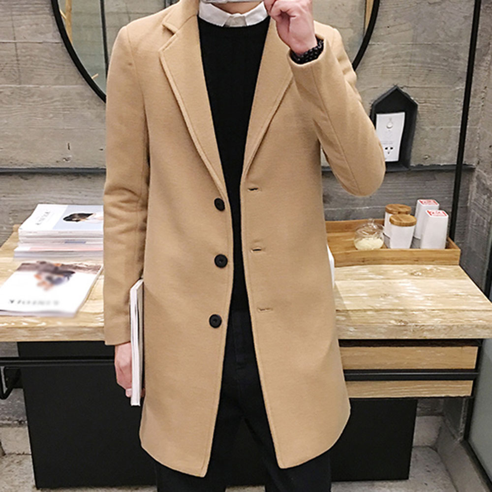 

Men Wool Coat Winter Autumn Fashion Minimalist Solid Khaki Black Blue Casual Business Woolen Overcoat Work Kirean Lapel Outwear