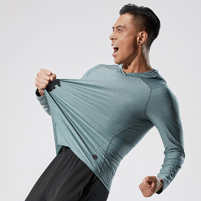 

Long sleeve fir hat sports t-shirt men's fast dry running fitness leisure sports sweater autumn and winter top, P44-blue