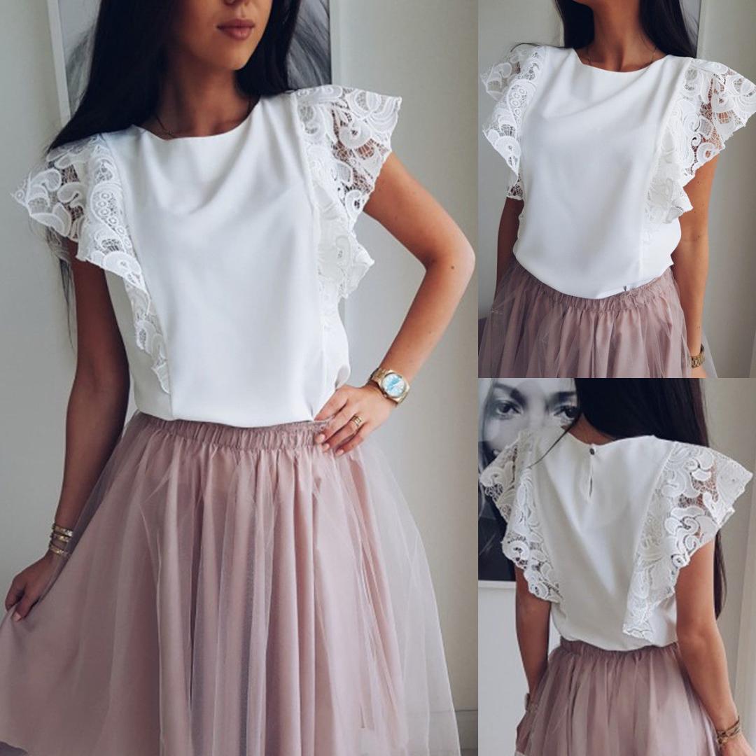 

New Summer Women Beauty Tops Chiffon Lace Casual Shirt Ladies Sleeveless O-neck Loose Blouse White Tops, As pic