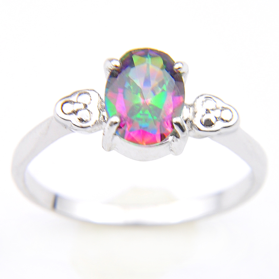 

Luckyshine Men Women Lovers Ring Oval Rainbow Natural Mystic Topaz Gems Ring 925 Sterling Silver Rings USA popular Rings
