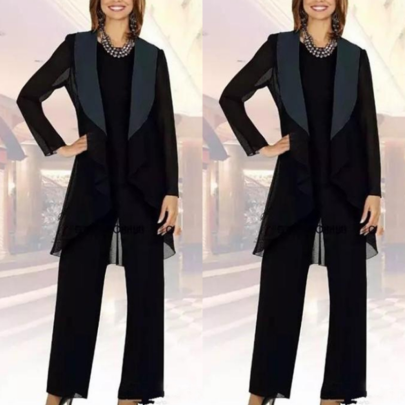 

Vintage Black Chiffon Mother of the Bride Suits Plus Size Three Pieces Mother of Bride Groom Pant Suit for Wedding Pant Suit