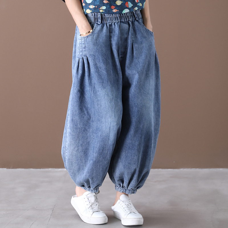 

Johnature Summer New Full Length Leisure Elastic Waist Denim Wide Leg Pants 2020 Simple Loose All-match Women Fashion Jeans, Light blue
