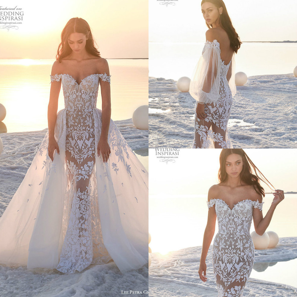 

2020 New Wedding Dresses Off Shoulder Lace Appliques Beads Mermaid Bridal Gowns Custom Made Backless Detachable Train Wedding Dress, Ivory
