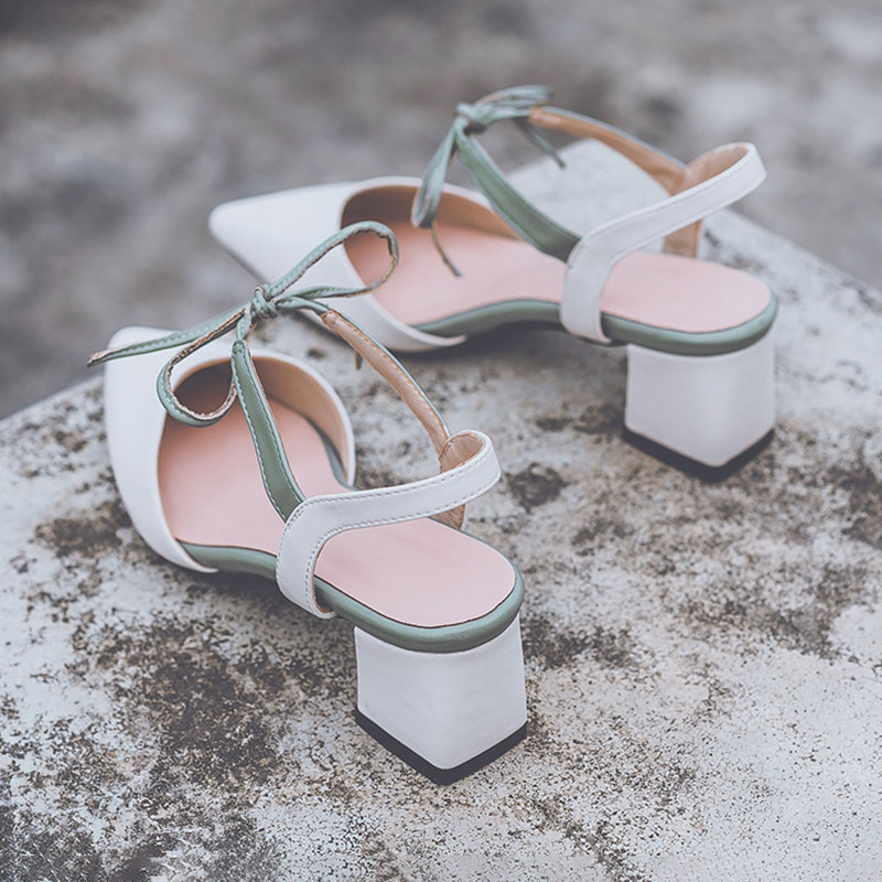 

Baotou sandals female 2020 new summer wild thick heel pointed bow high heel Roman shoes, Khaki