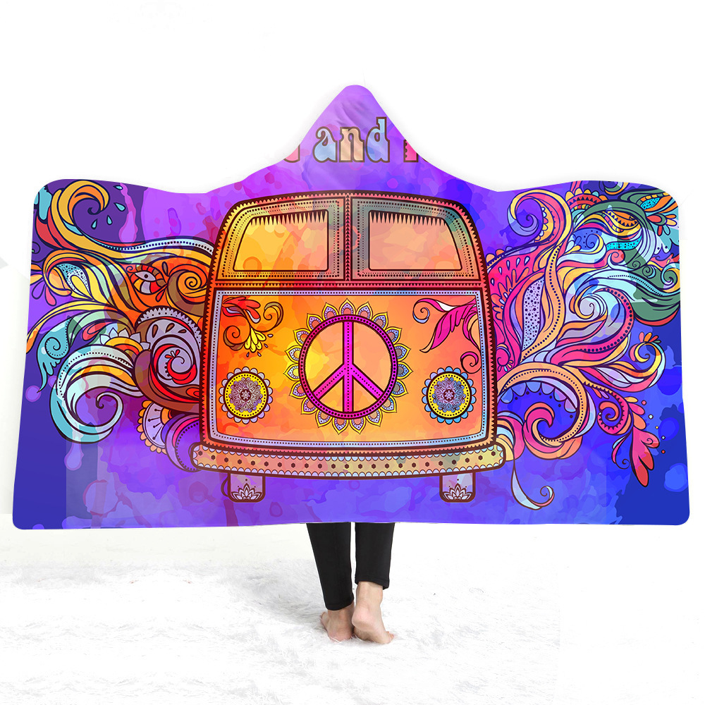 

Hippie Hooded Blanket For Adults Childs 3D Printed Sherpa Fleece Blanket Microfiber Wearable Throw For Home Travel Sofa