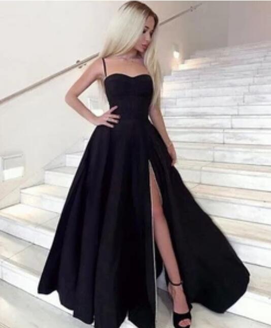 

Spaghetti Straps Split Side Black Long Prom Dresses Under 100, Same as image