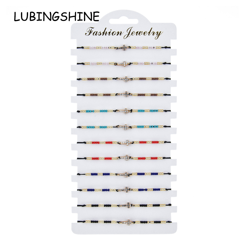 

Boho Women Girl 12pcs/lot Rhinestone Cross Charms Bracelet Set Weave Adjustable Knot String Seed Bead Wristband Jewelry Gift