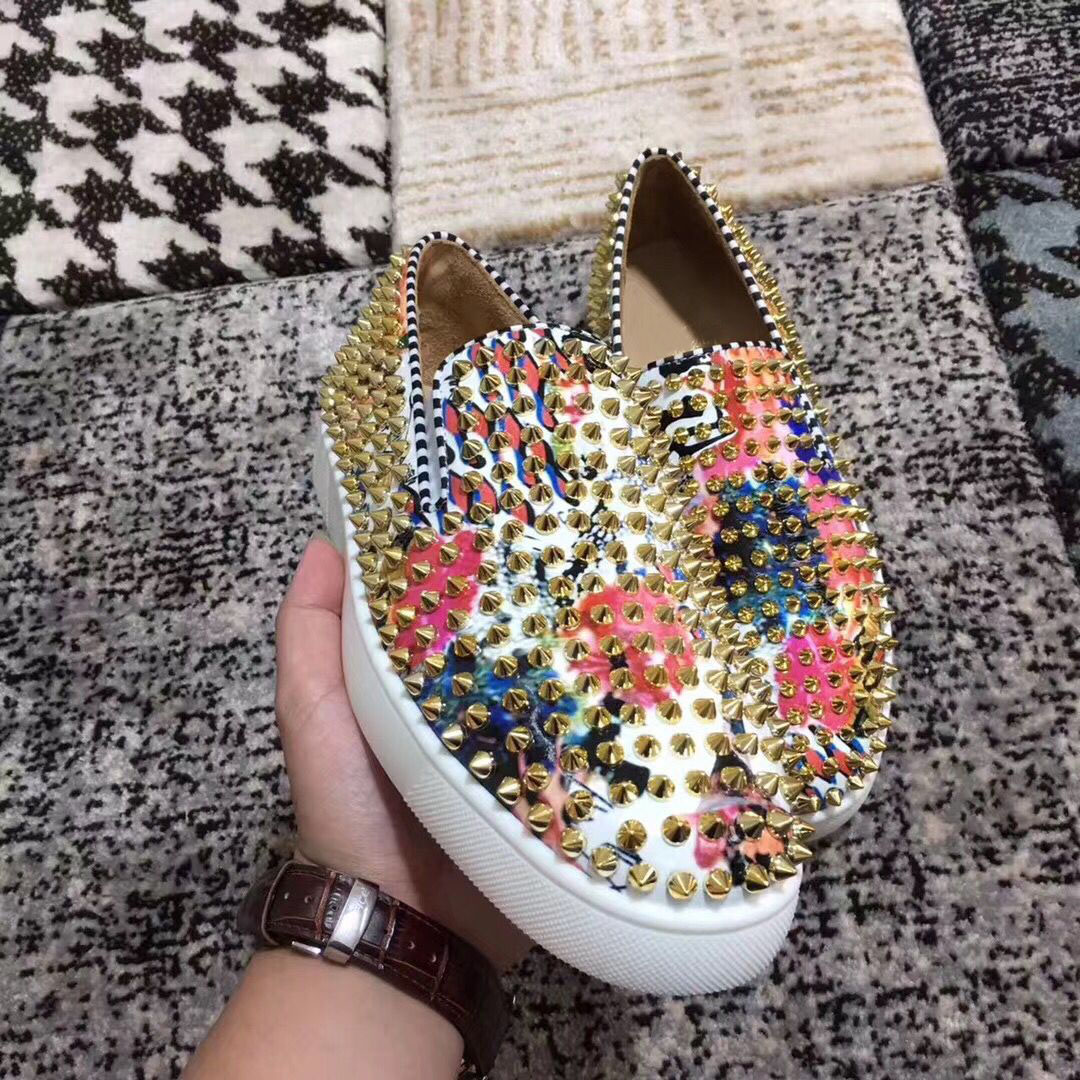

[Original Box]Luxury Casual Party Wedding Shoes,Red Bottom Loafers With Spikes Roller Boat Shoes Rollerboat Rhinestones Flat Sneaker 35-46EU, Color 1