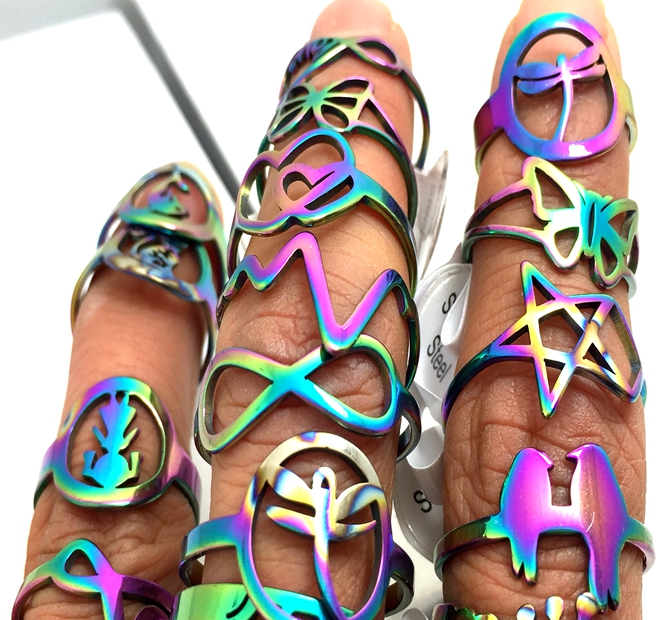 

wholesale 30Pcs Rainbow cut assorted desgin stainless steel rings fashion jewelry summer ring for man women party ring