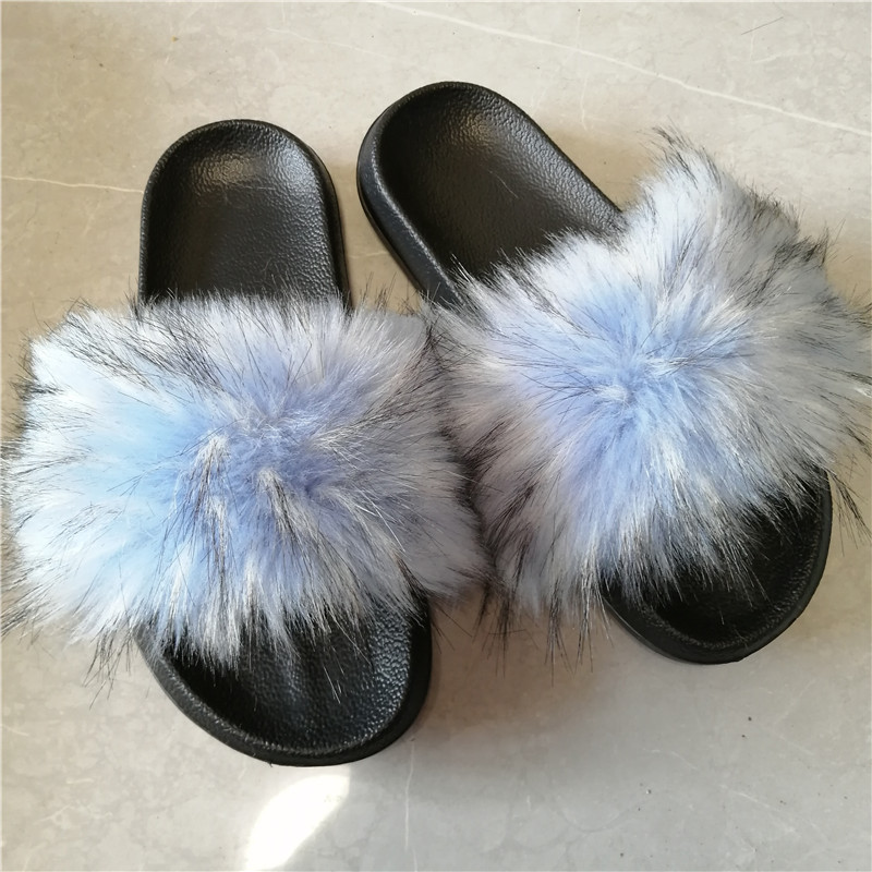 

New Fluffy Faux Fur Slides Women Fur Slippers Furry Raccoon Sandals Fake Flip Flops Home Fuzzy Woman Casual Plush Shoes, As pic shows a