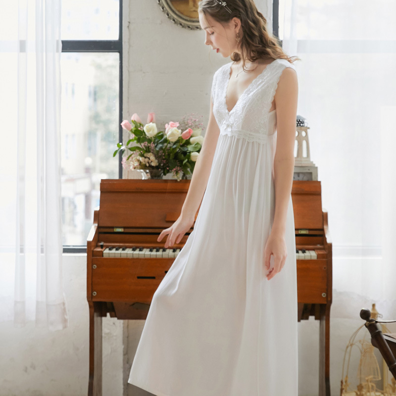 2020 Sexy Sleeveless Sleep Wear Night Dress Vintage Lace Nightgown Nightdress White Blue Pink Cotton Sleepwear Women Nightshirt