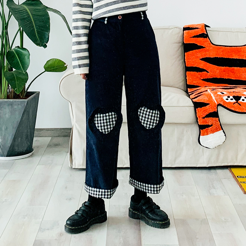 

Autumn Winter Japanese love Patch Casual Pants Cute Soft Sister Trousers Girls Student Corduroy Straight pants College style, Navy