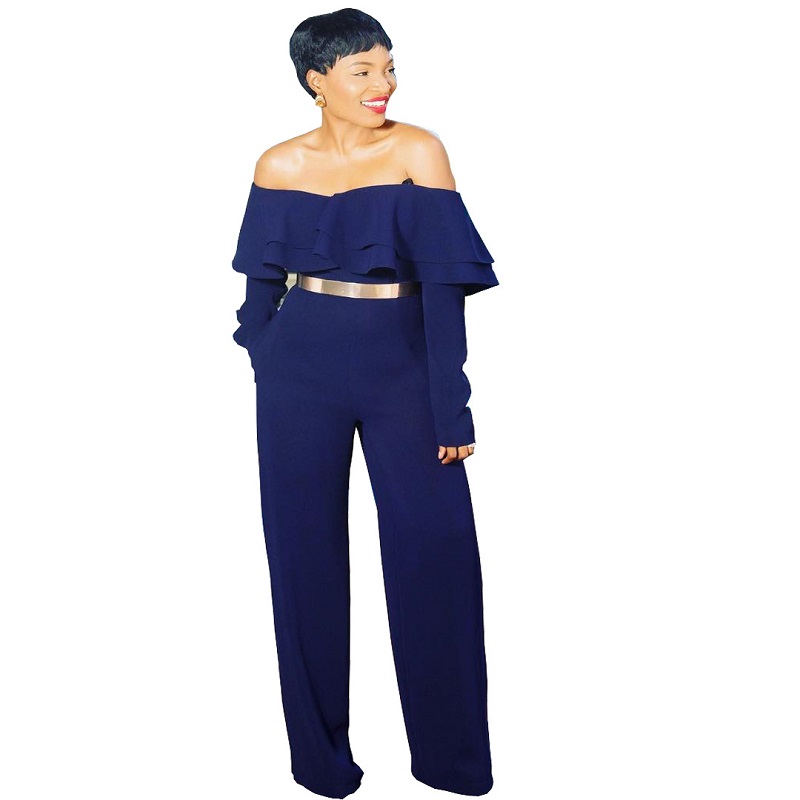 

Dark blue fashion ruffles spliced high waist sashes temperament jumpsuits lady high street hot sale sexy slash neck rompers
