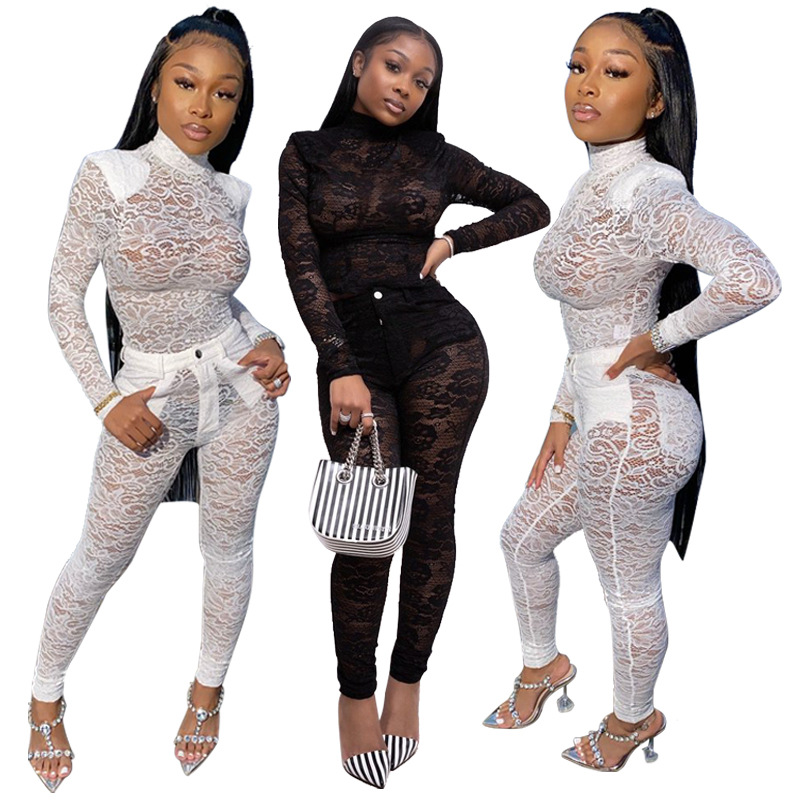 

Newest See Through Lace Women Two Pieces Outftis 2020 Sexy Lady Nightclub High Neck Long Sleeves Top and Pants Skinny Sets Hottest Party, Black