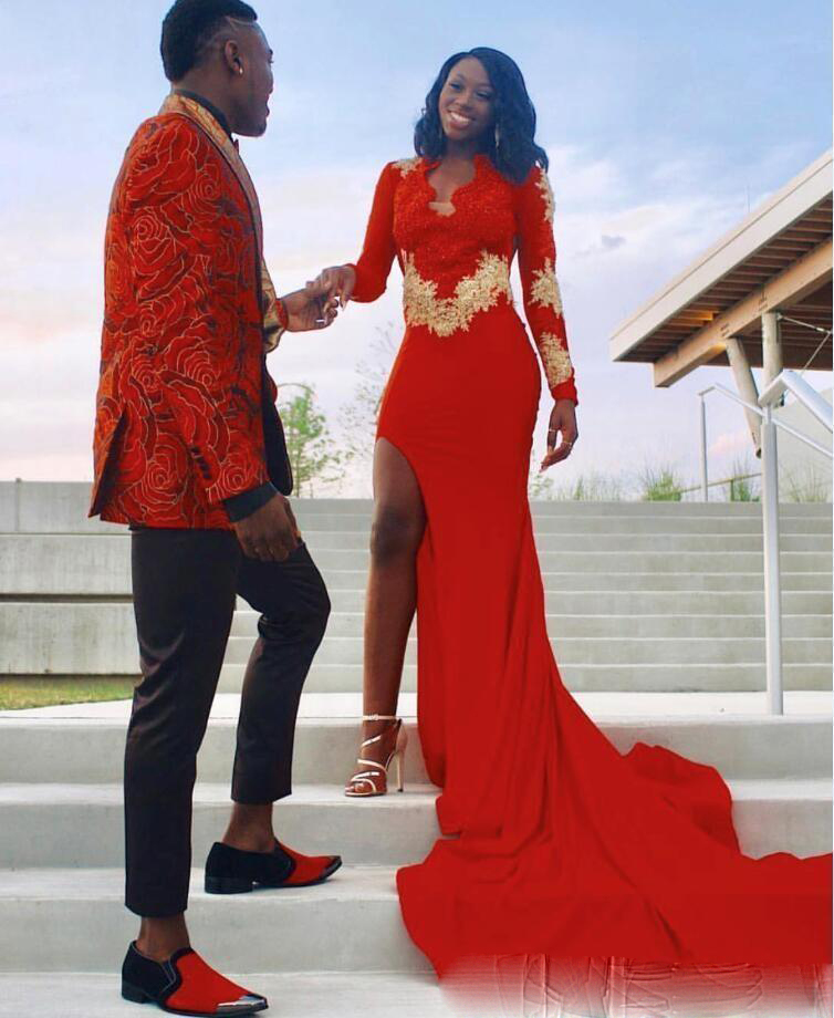 

Elegant Red Prom Pageant Dresses Gold Lace Side Split Evening Party Gown Occasion Dress Lace Backless Custom Made, Dark red