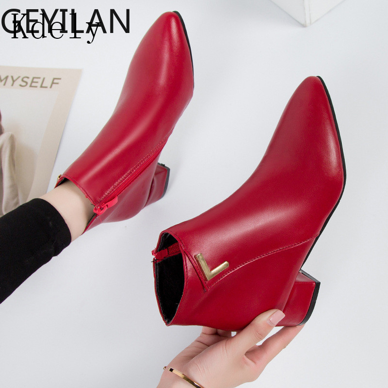 

2019 Fashion Women Boots Casual Leather Low High Heels Spring Shoes Woman Pointed Toe Rubber Ankle Boots Black Red Zapatos Mujer