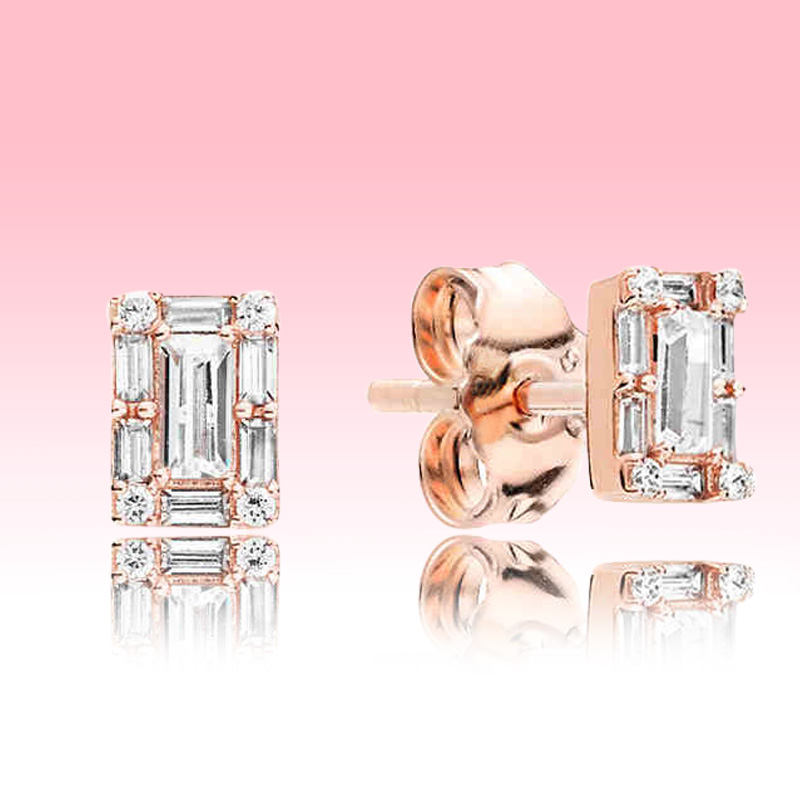 

luxury designer Rose gold plated Earring set Women Gift Jewelry for Pandora 925 Silver Sparkling Square Halo Stud Earrings with Original box