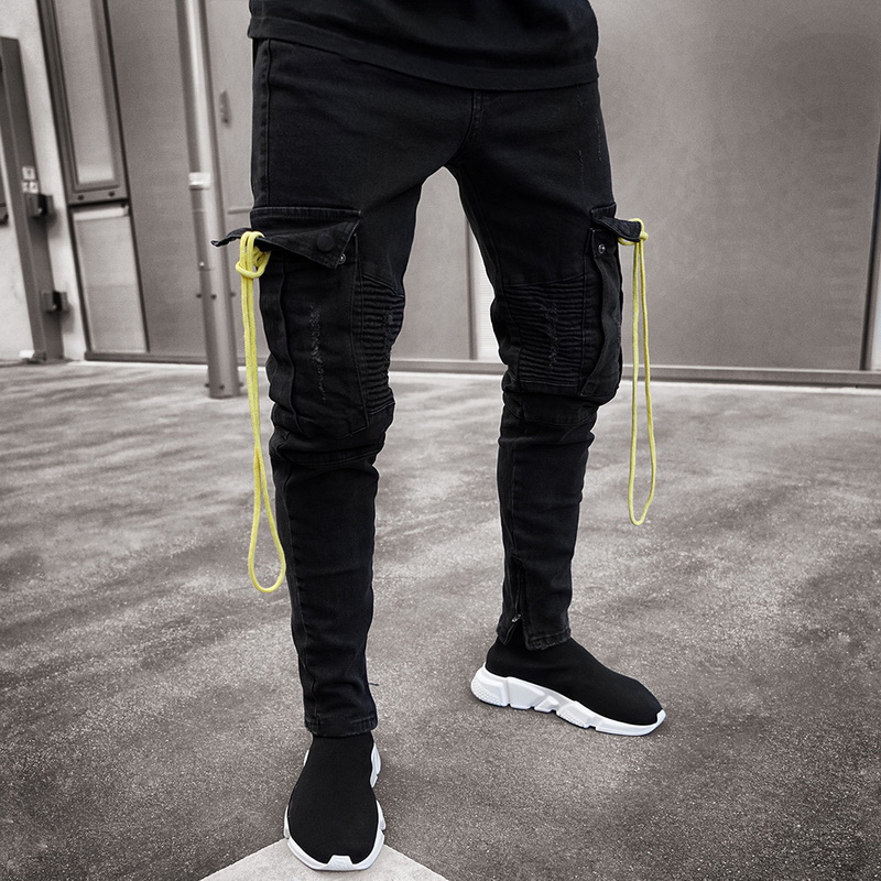 

Autumn Streetwear Zipper Pencil Jeans Pants Denim Jeans Pocket Men Casual Denim Pant Stretch Trouser Pantalon Homme, Black