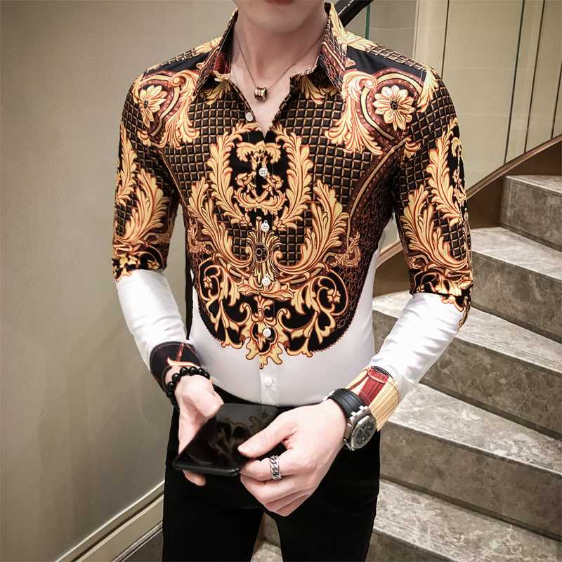 Chemise de luxe imprimée or hommes chemises à manches longues fête discothèque décontracté Slim Fit vêtements de mode royale