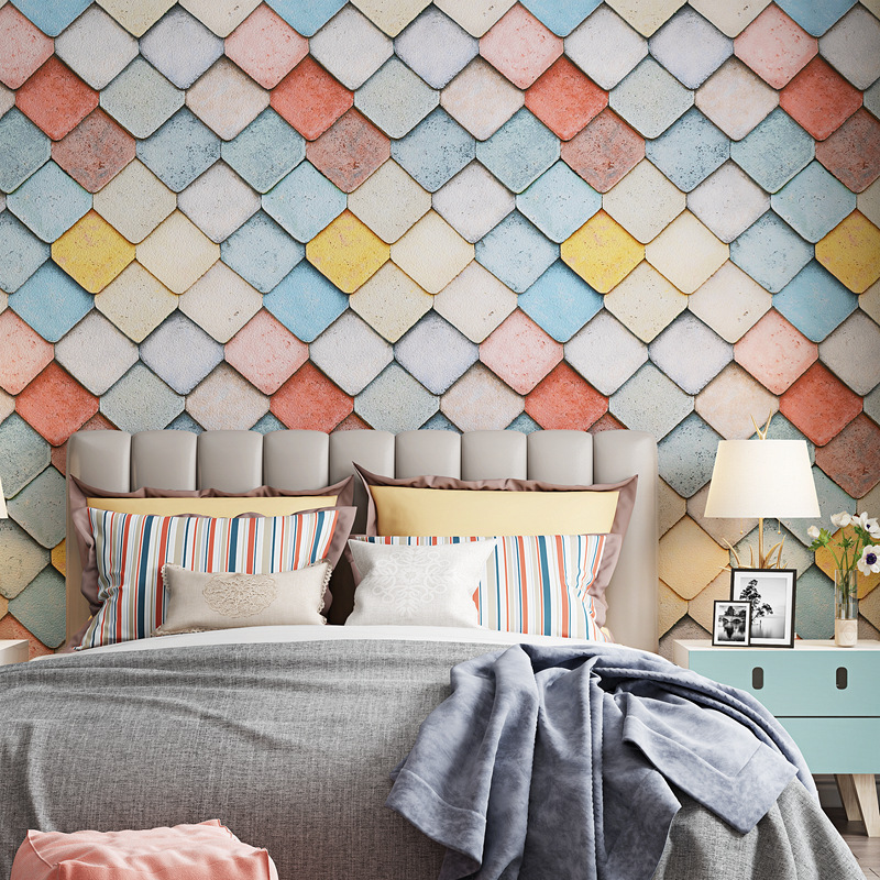 

Nordic European Geometric Colorful lattice Wallpaper Ins Non Woven Warm Grid Wallpaper for Bedroom TV Background Walls Mural, Ms11001