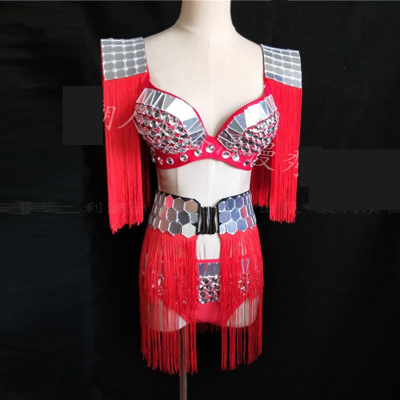 

New Red Tassel Mirror Stage Service Nightclub Bar Hostess Female Singer DJ Costumes Party Festival Performance Costumes DWY3626, As picture