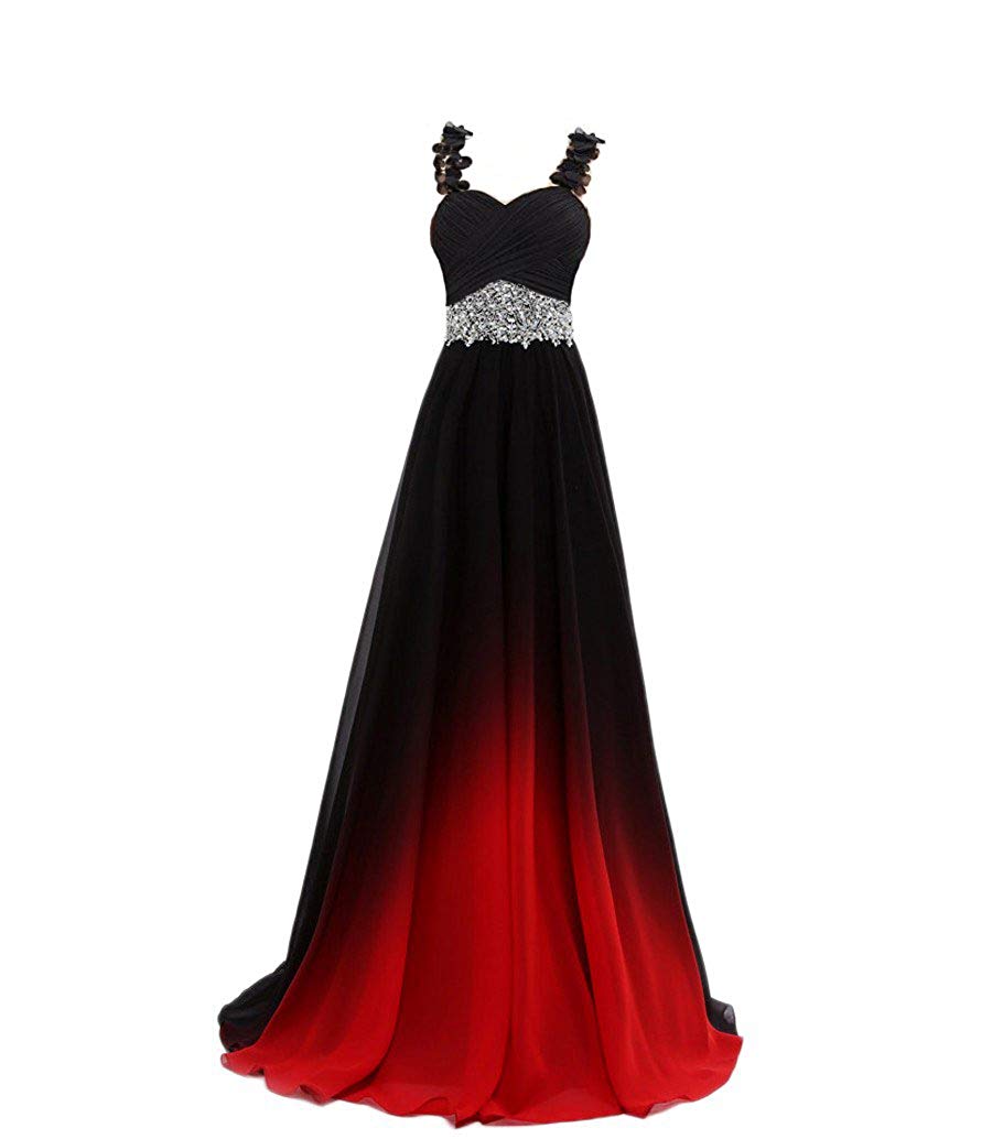 

New Sexy 2019 Ombre Crystals Beaded Top Gradient Prom Dresses Gradient Backless Chiffon Homecoming Gown Cocktail Evening Party Gown QC1382, Black red