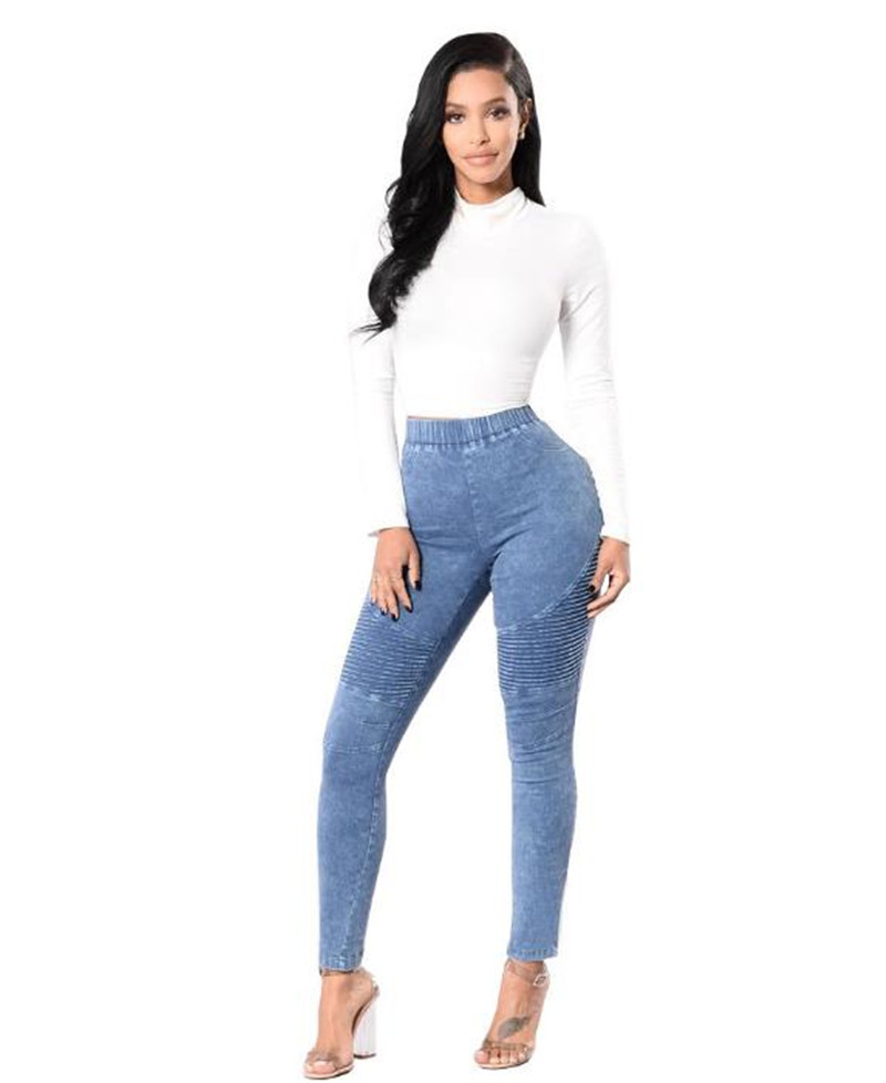 

Pleated Vintage Womens Jeans All Season Middle Waist Skinny Pure Color Bleached Female Designer Denim Pants