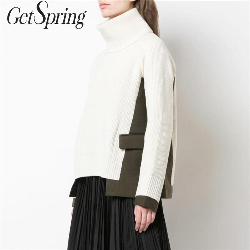 

GetSpring Women Sweater Long Sleeve Turtleneck Patchwor Knitted Sweater All Match Bottom Pullovers Women Tops Autumn Winter 2019, White