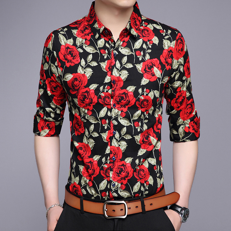 

HCXY 2018 Spring Floral Print Men Shirts Long Sleeve Mens Casual cotton Shirt Slim Men Flower Printing Dress Shirts size 4XL, Black