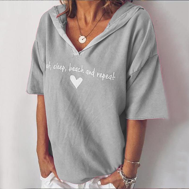 

Feitong Women Fashion Summer T Shirt Solid Color Casual Short Sleeve V Neck Letter Print Tops T-Shirt Ladies New Camiseta Mujer, Blue