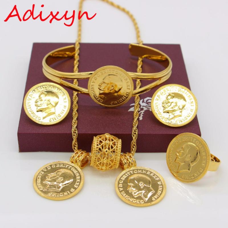 

Adixyn Gold Color Coin Jewelry Set Ethiopian Necklace Pendant/Earrings/Ring/Bangle Habesha Wedding Eritrea/Africa Gift