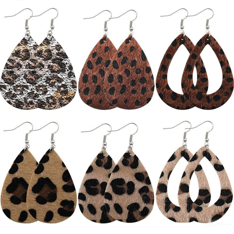 

Hot Selling Classic Imitated Leopard Skin Earrings Big Water Drop Dangle Earrings Bohemia Statement Big TearDrop Leather Earring
