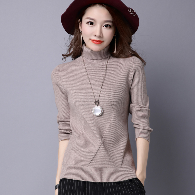 

KJA221 Women Turtleneck Long-Sleeve Knitted Wool Sweater Female Knitted Pullover Solid Color Tops High Elasticity Sweaters, Black