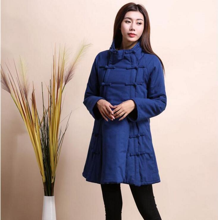 

Autumn winter warm comfortable double breasted cotton leisure Medium long coat warm quilted clothes Linen Cotton Outwear Blue