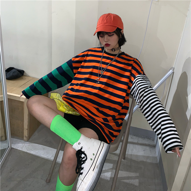 

Autumn New Tee Shirt Woman Tops 2020 Korean Style Ulzzang Harajuku Patchwork Color Striped Long Sleeve T-shirt For Women Tshirt CX200604, See chart