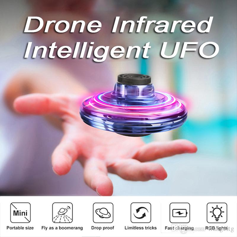 

UFO Fidget Spinner Toy Kids 360° Shinning LED Lights Release Mini Drone Infrared Sensor UFO Flying Toy Induction Aircraft Quadcopter Toy, Customize