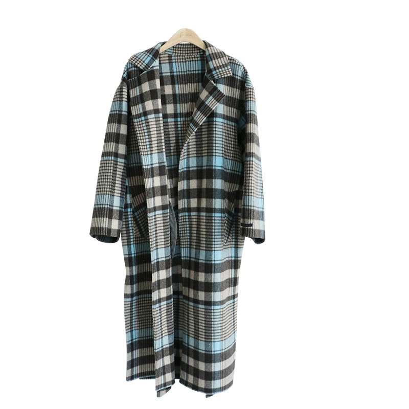 

Women' handmade Korean version of the lattice loose double-sided cashmere coat woolen coat, Gray