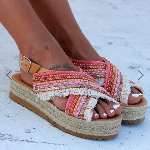 

Women Summer New Bohemia Straw Knitted Sandals 2020 Fashion Female Fringe Platform Sandals Mixed Colors Casual Big Size, Purple